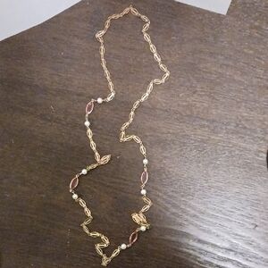 Source Unknown Gold and Pearl Necklace with Pink Accents